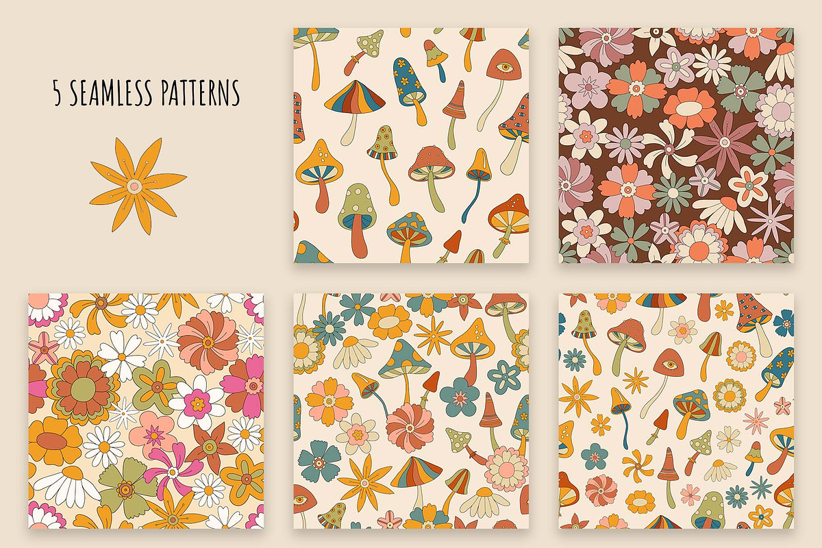 Magic Mushrooms Retro Vector Clipart, a Pattern Graphic by Irina Ostapenko (Photo 2 of 8)