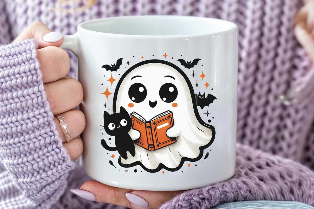 Cute Halloween Ghost Reading Book, an Illustration by CraftArtStudio (Photo 2 of 4)