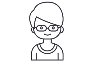 Geek Boy With Glasses Vector Line Icon, Sign, Illustration On Background, Editable Strokes