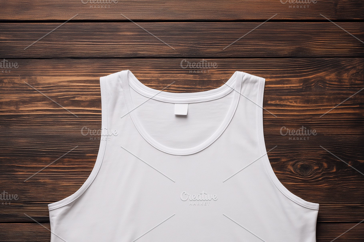 A plain white tank top mockup laid flat on a wooden surface, showcasing its sim, a Shirt Mockup by Textures & Backgrounds
