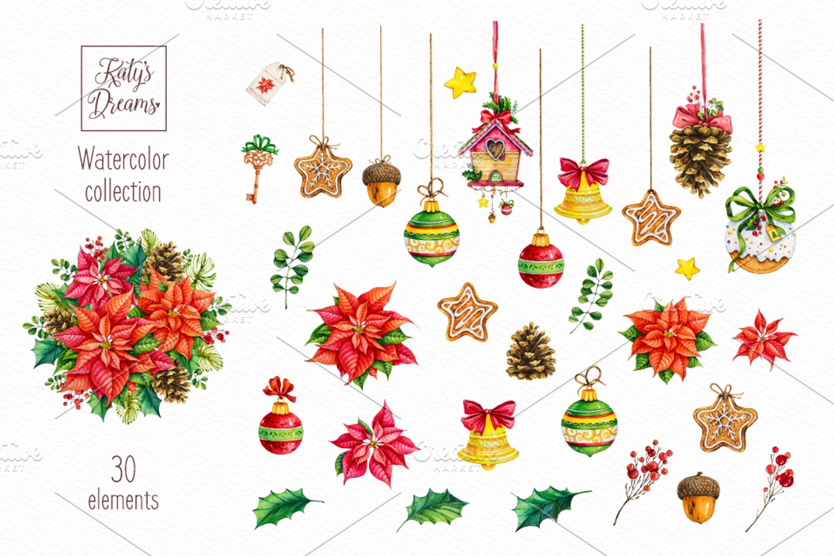 Happy New Year.Watercolor collection, a Decorative Illustration by Ekaterina Mikheeva (Photo 7 of 8)