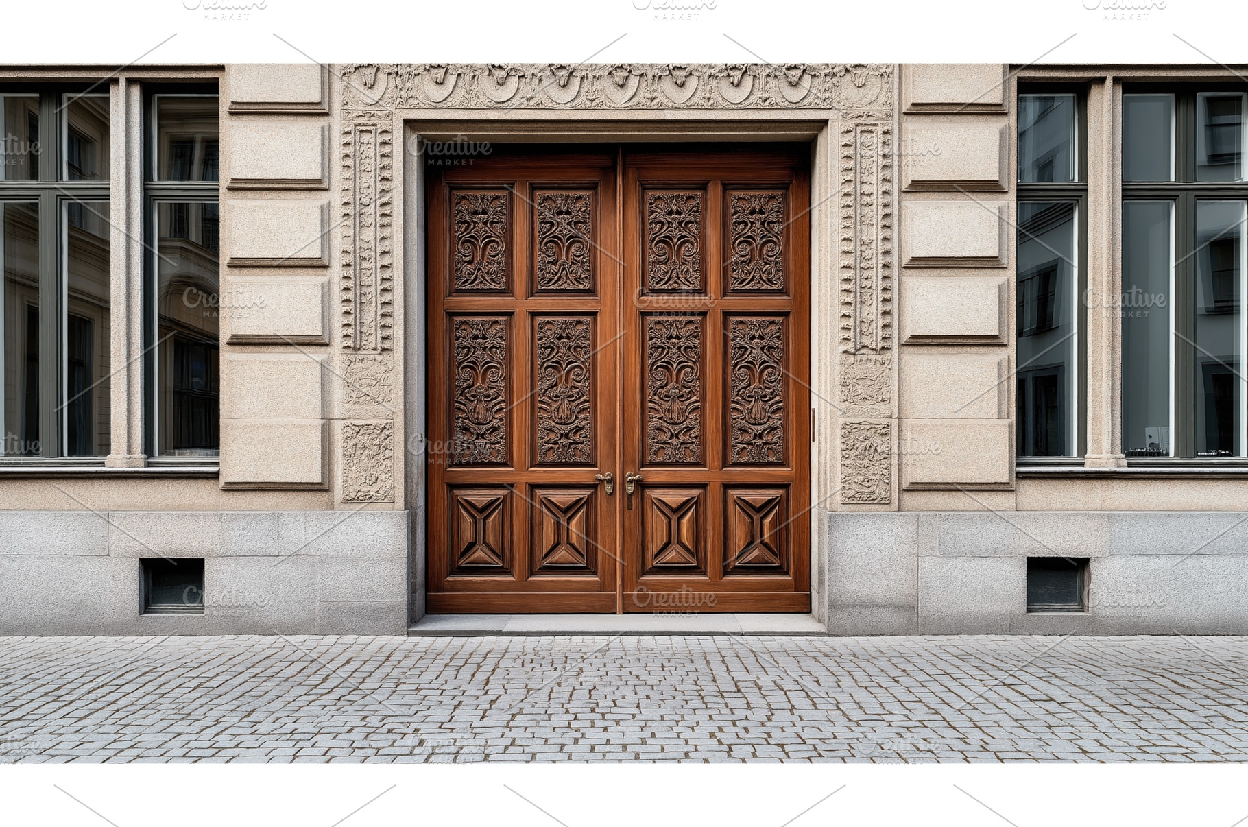 Elegant wooden double doors with, an Architecture Photo by Sergey Kotenev