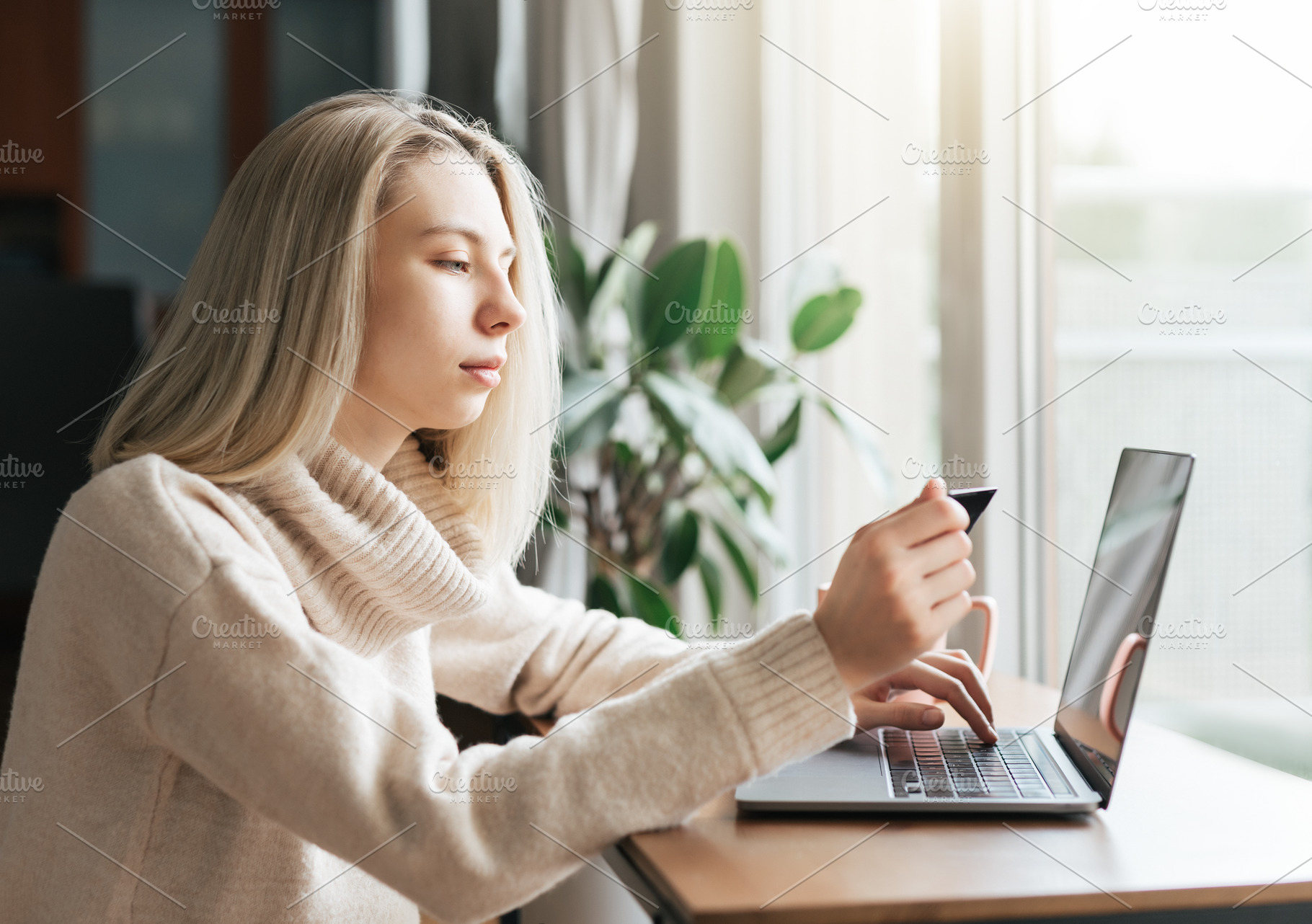 Young woman holding credit card and using laptop computer., a Business Photo by Olena Rudo