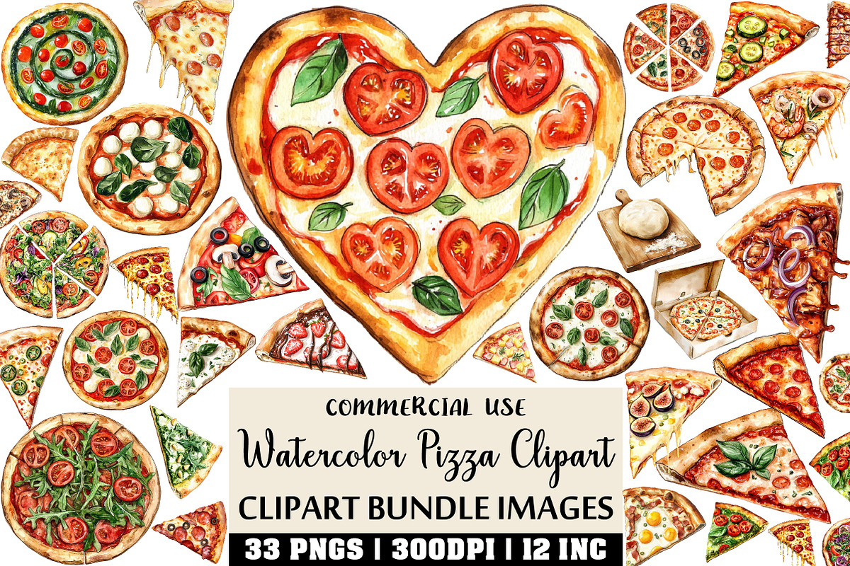 Watercolor Pizza Clipart, an Illustration by Craft Nest (Photo 1 of 6)