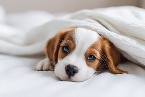 Adorable puppy lying under a white, an Animal Photo by MistyDay