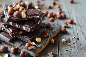 Sweet chocolate pieces with hazelnuts on wooden background, a Food & Drink Photo by AlyaAnd