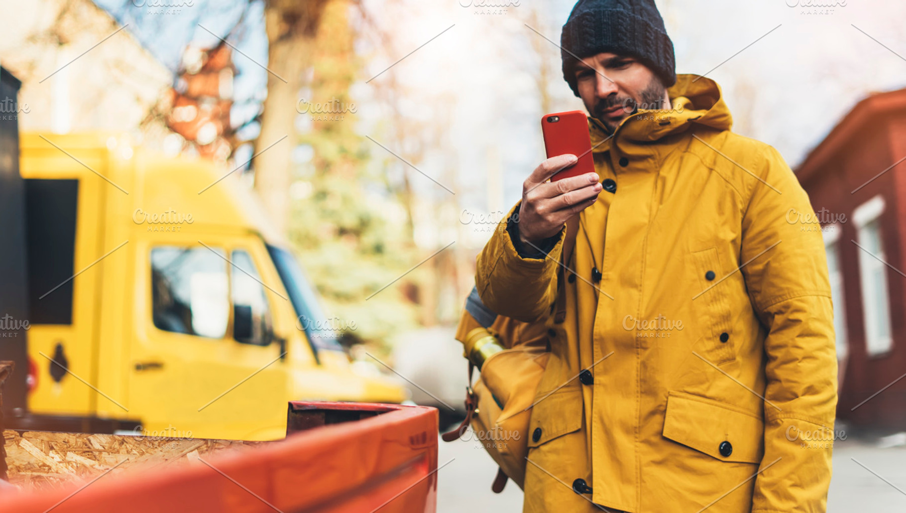 Writes a message on the smartphone stock photo containing hipster and yellow, a Technology Photo by A_B_C