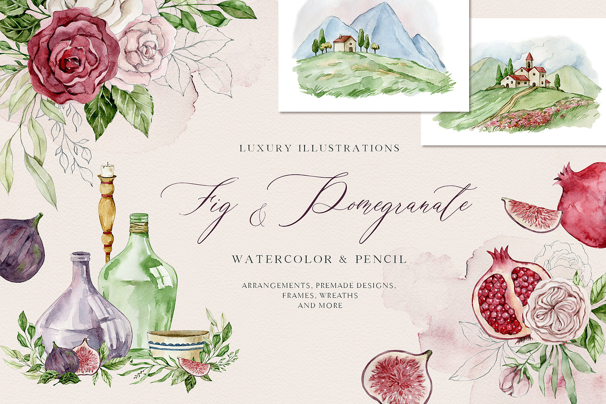 FIG & POMEGRANATE watercolor/pencil, a Decorative Illustration by long summer (Photo 1 of 14)