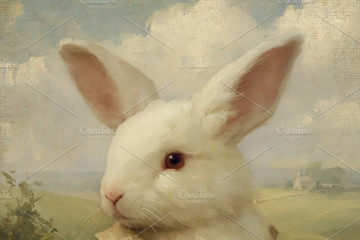 White rabbit wearing a coat standing in a lush green countryside, an Illustration by Studio ANNA