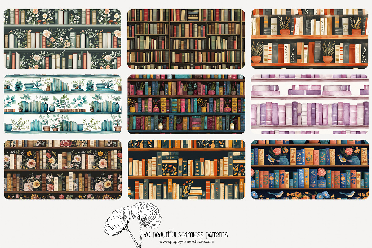70 bookshelf seamless pattern, a Pattern Graphic by Poppy Lane Studio