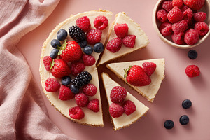 Fresh fruit topped cake with berries and cream, a Food & Drink Photo by AlyaAnd