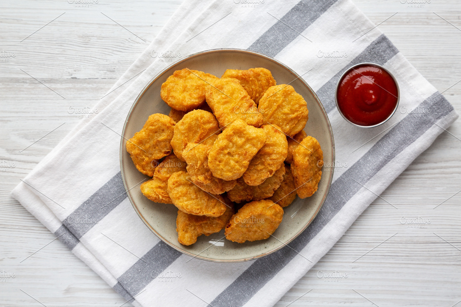Homemade Chicken Nuggets with Ketchup, top view. Flat lay, overh, a Food & Drink Photo by LiudmylaChuhunova
