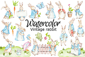 Vintage rabbit watercolor clipart