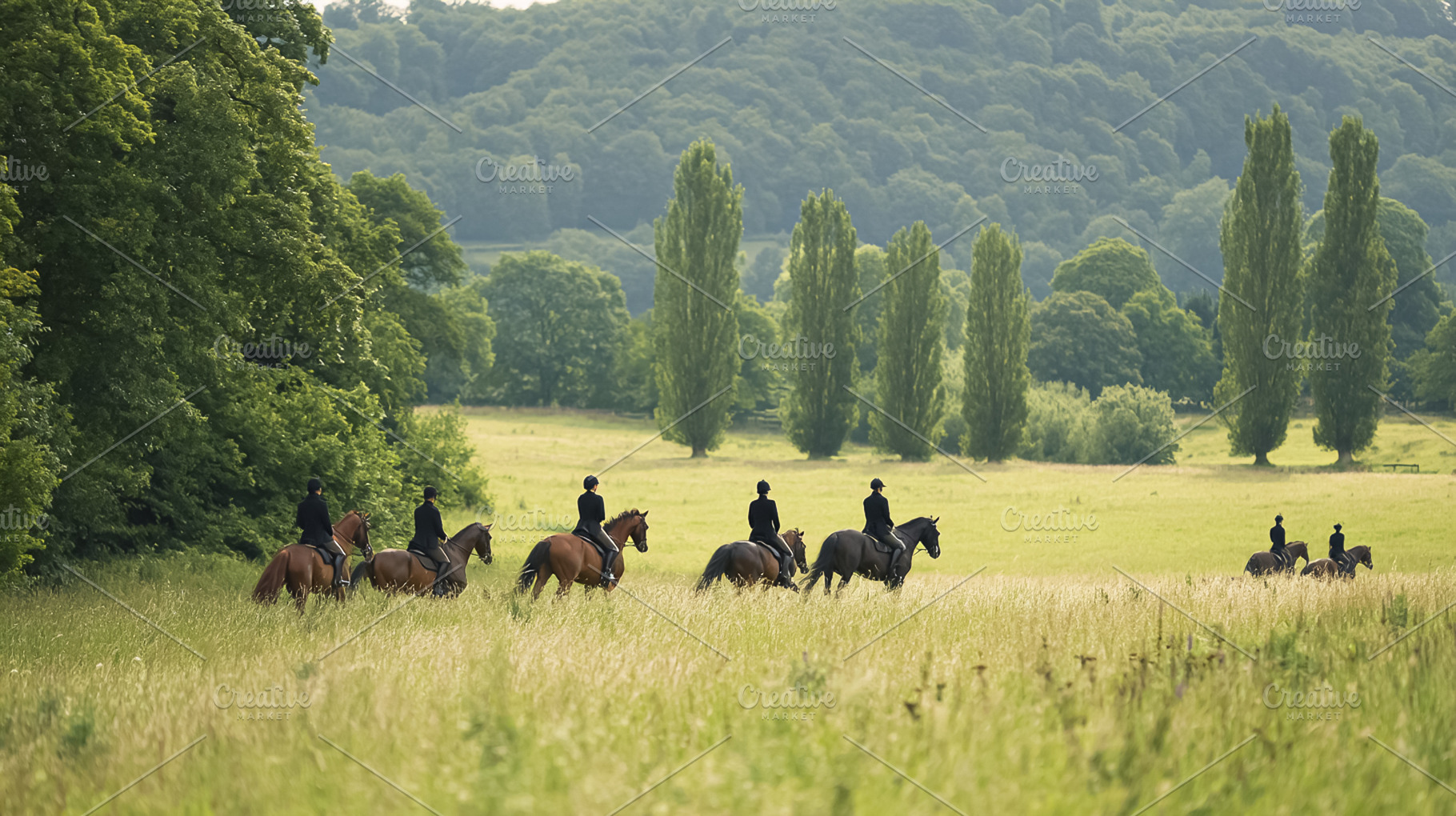 Group of riders on horseback traveling through a long reedy mead, a Photo by Studio ANNA