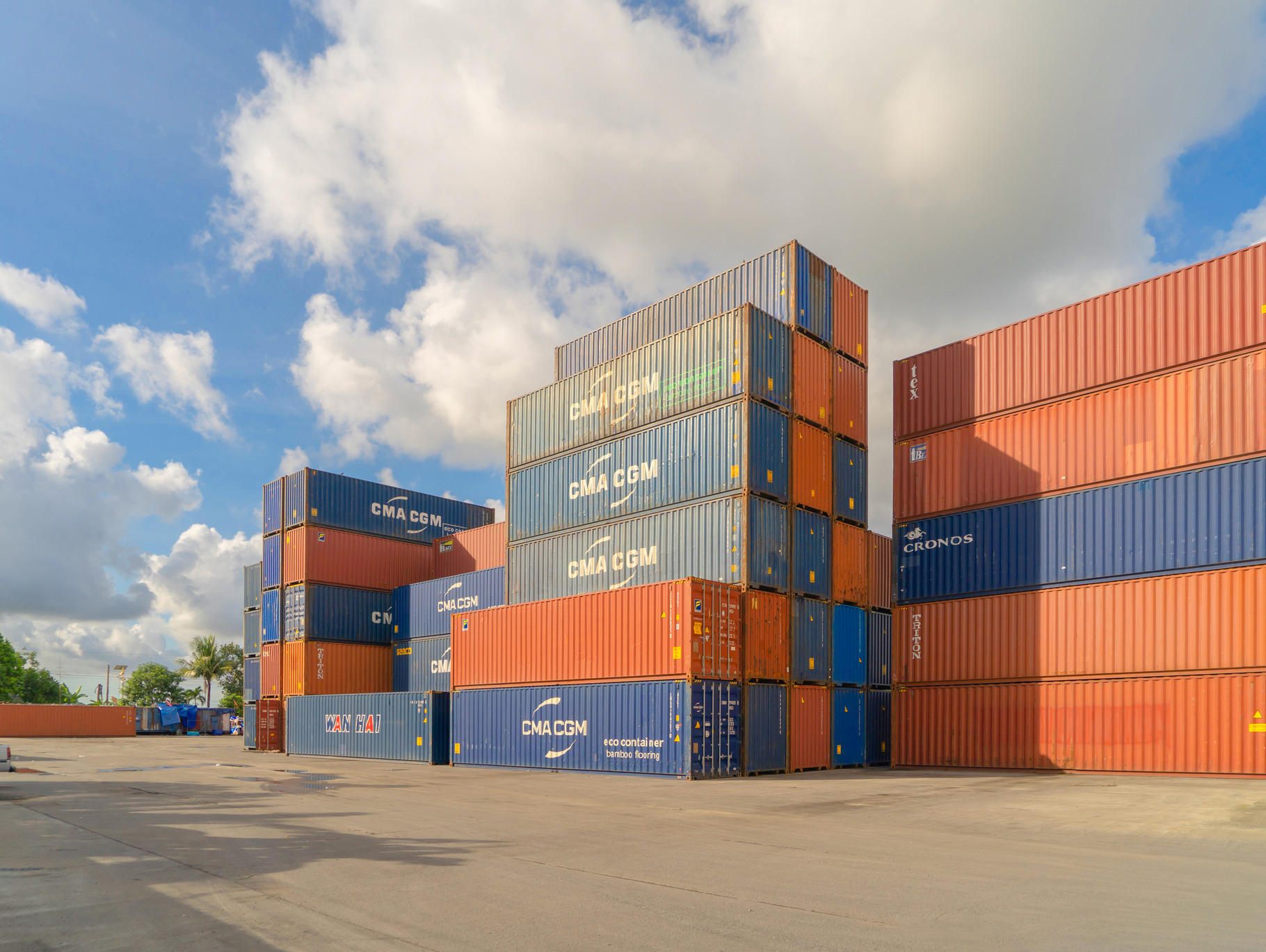 Shipping container site loading by crane in logistic port wareho, an ...