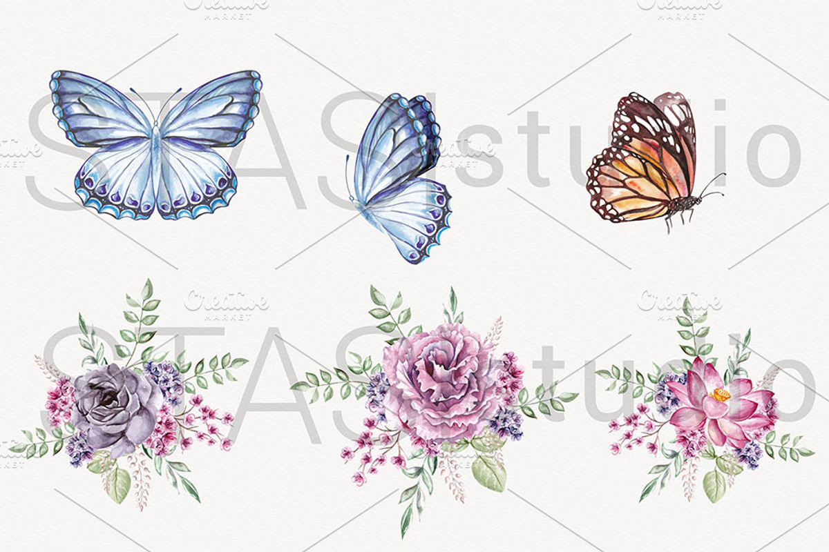 Butterfly & Pink Floral Clipart, a Decorative Illustration by STASIstudio (Photo 3 of 3)