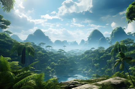 Tropical jungle with river and mountains under blue sky natural, a Photo by Dvoevnore photos