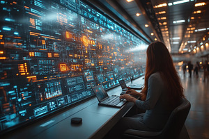 Woman working on multiple laptops in, a Photo by Tanuart