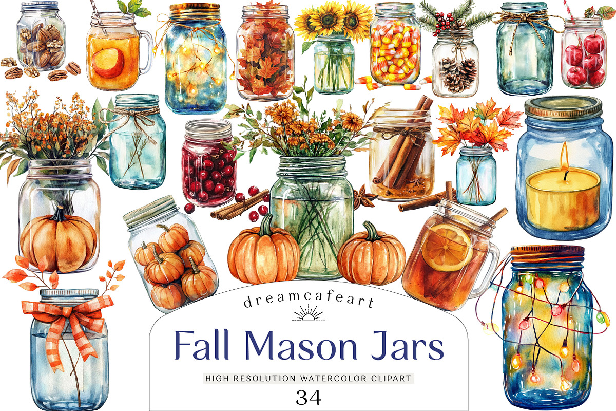 Fall Mason Jars Clipart Bundle, an Illustration by DreamCafeArt (Photo 1 of 5)