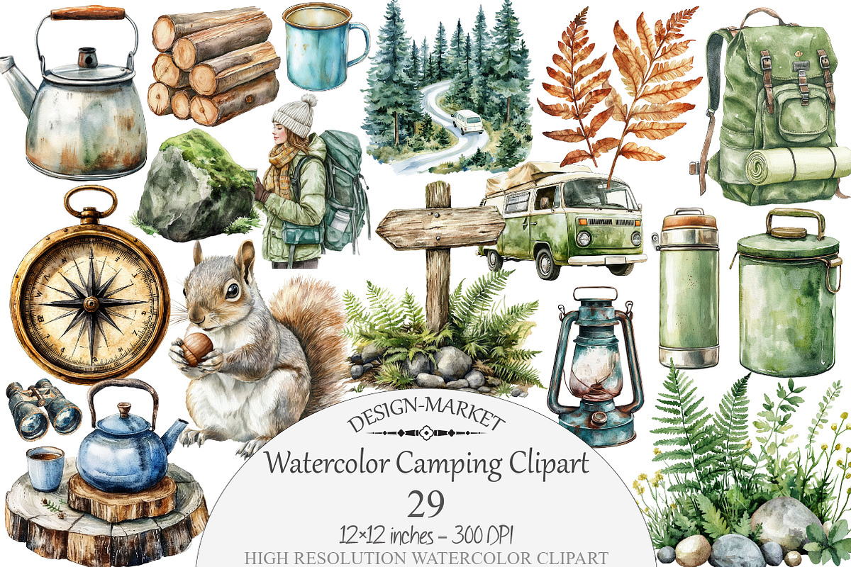 Watercolor Camping Clipart, a Seasonal Illustration by Design Market (Photo 1 of 4)