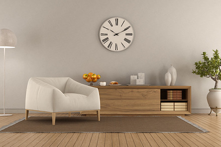Modern living room with wooden sideboard, an Architecture Photo by Archideaphoto