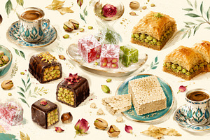 Turkish sweets including baklava, lo, a Photo by Dvoevnore photos