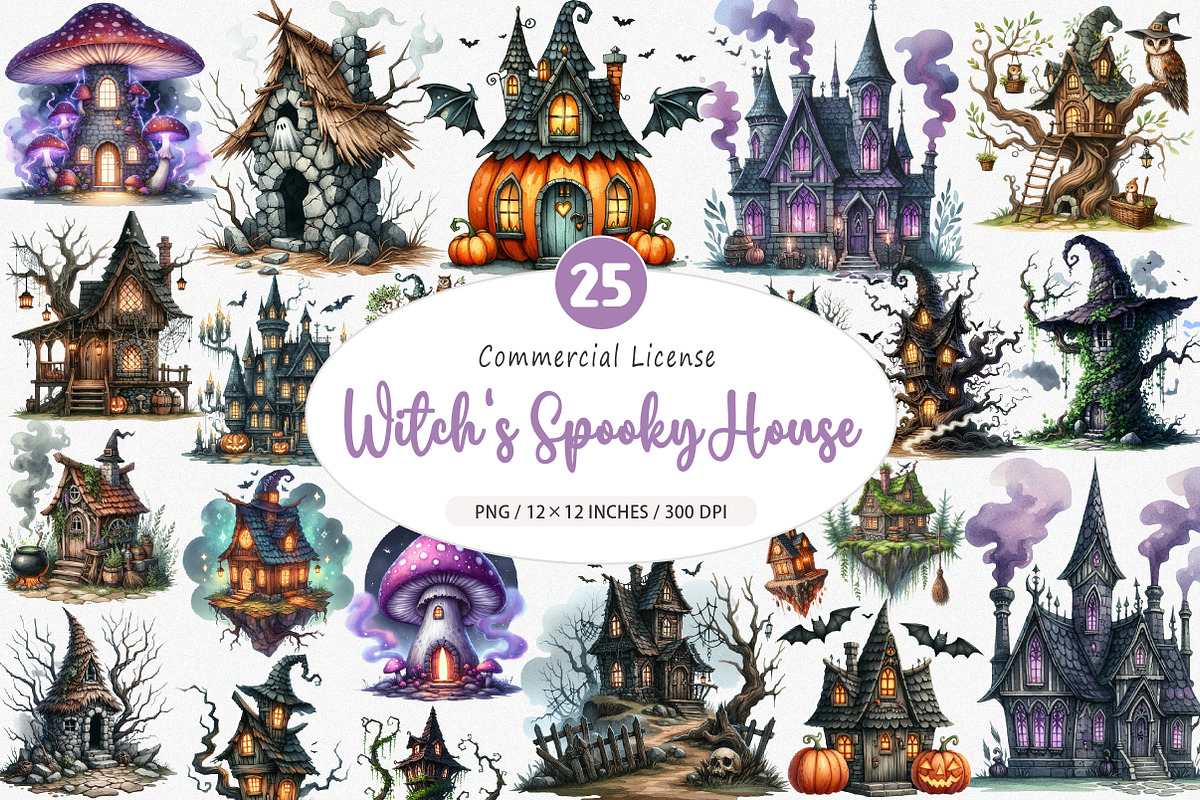 Watercolor Witch's Spooky House PNG, an Illustration by SinaCreation (Photo 1 of 5)
