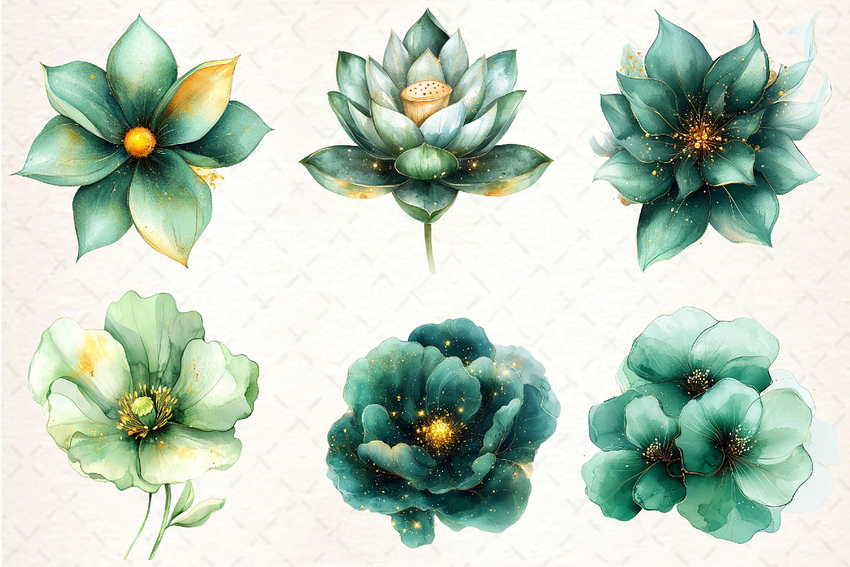 Abstract Green Gold Flower Clipart, an Illustration by DreamCafeArt (Photo 3 of 7)