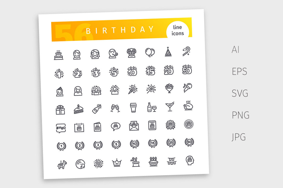 Birthday Line Icons Set, an Outline Icon by Voysla's Shop (Photo 4 of 4)