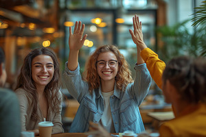 Two young women, one with curly hair and glasses, joyfully interacting in a war, a Person Photo by ImageMir