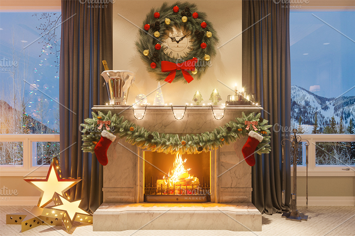 Christmas interior with a fireplace, a Decorative Illustration by RichmanStudio