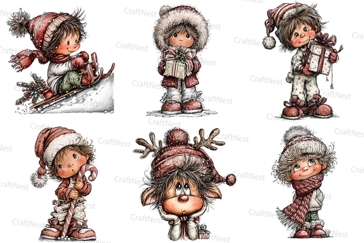 Vintage Kids  Christmas Clipart, an Illustration by Craft Nest (Photo 2 of 7)