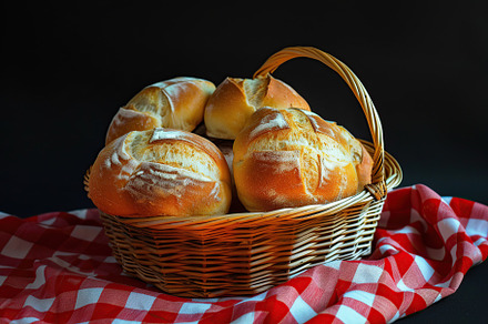 Fresh baked bread in basket on black background, a Food & Drink Photo by AlyaAnd