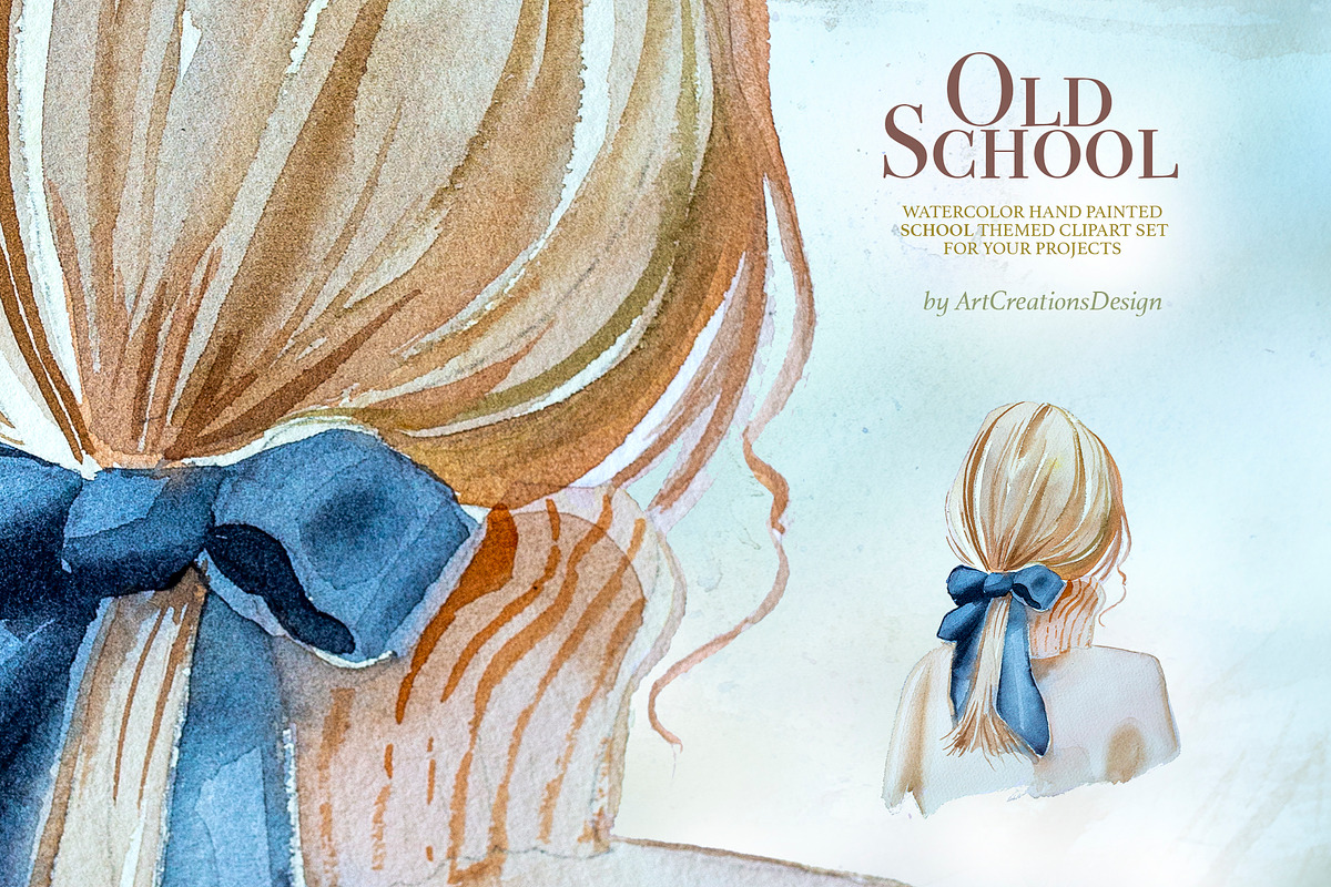 Watercolor Old School Clipart Set, a Seasonal Illustration by ArtCreationsDesign (Photo 6 of 18)