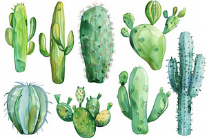 Set of Watercolor green cactus plant, an Abstract Photo by Pixeness Studio