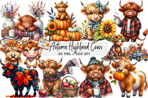 Watercolor Autumn Highland Cows, a Seasonal Illustration by DreamArtGraphic