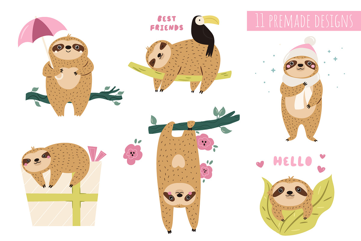 Funny Sloths – Cute Hand-Drawn Set, an Animal Illustration by danceyourlife (Photo 3 of 11)