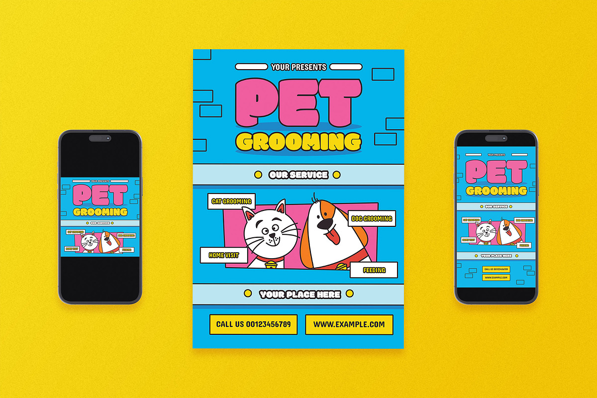Blue Cartoon Pet Grooming Flyer Set, a Flyer Template by Aiyari Graphic (Photo 1 of 3)