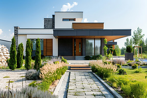 Modern house in suburb with beautiful green landscape, an Architecture Photo by AlyaAnd