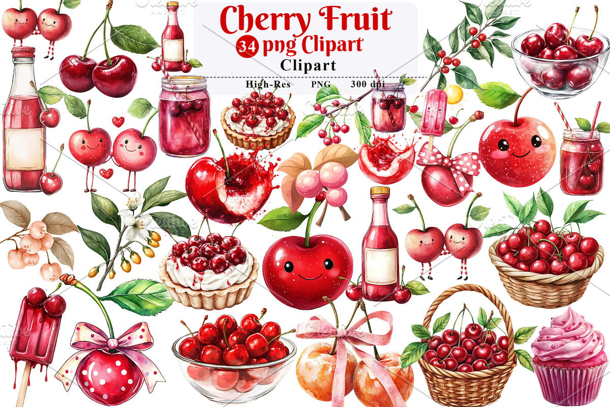 Cherry Fruit Clipart, Berries Cherry, an Illustration by Watercolor design (Photo 1 of 5)