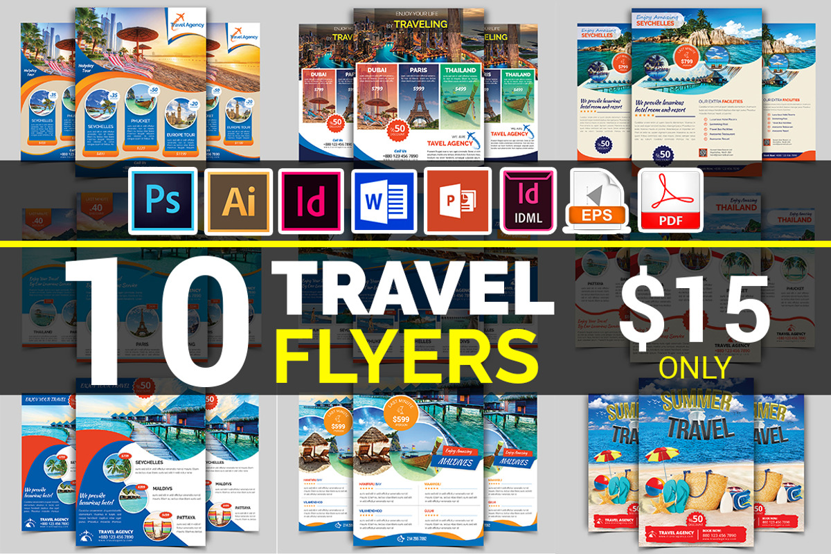10 Travel Flyers Bundle 90% OFF, a Flyer Template by Imagine Design Studio (Photo 1 of 12)
