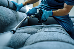 Cleaning modern couch using professional steam cleaner, a Photo by AlyaAnd