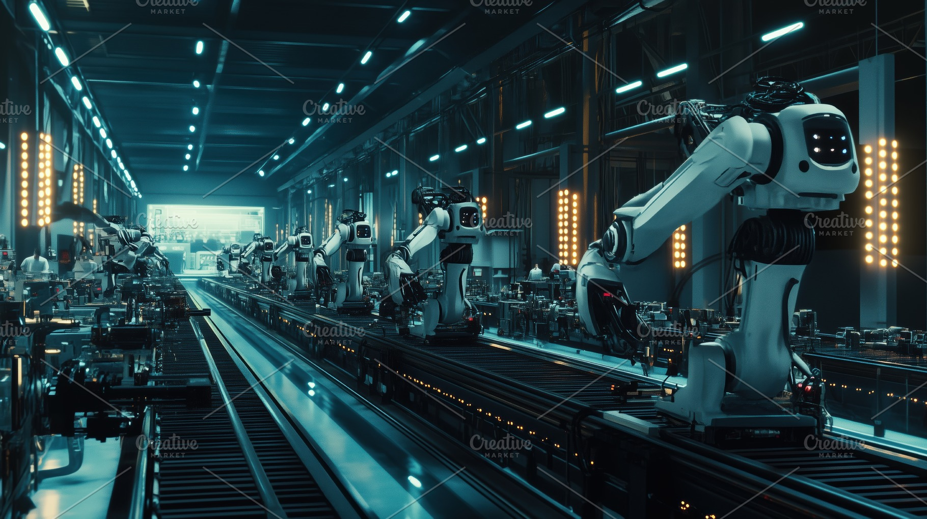 A futuristic factory scene featuring multiple robotic arms working on an assemb, an Arts & Entertainment Photo by Textures & Backgrounds