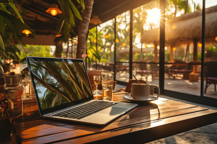 Laptop and coffee cup on wooden table in shop at sunset., a Person Photo by AS photostudio