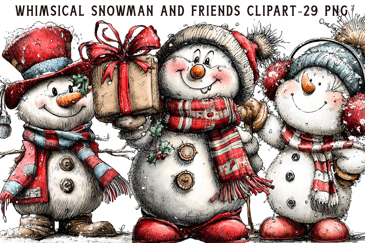 Whimsical Snowman and Friends Clipar, an Illustration by Libby Wishes (Photo 1 of 6)