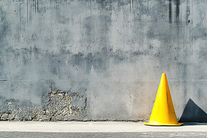Bright yellow road cone placed against a textured grey wall showcasing urban en, an Industrial Photo by AlyaAnd