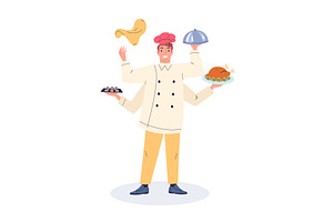 Multitasking cook. Cartoon busy chef, a Food Illustration by Stock-Smart-Start
