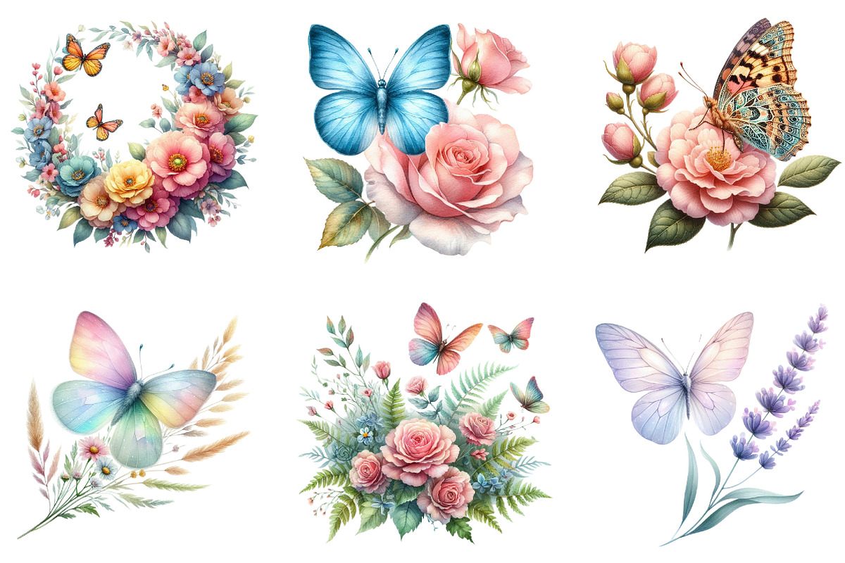 Butterfly Flowers Watercolor Clipart, an Illustration by DreamArtGraphic (Photo 2 of 4)