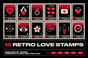 12 Retro Love Stamps