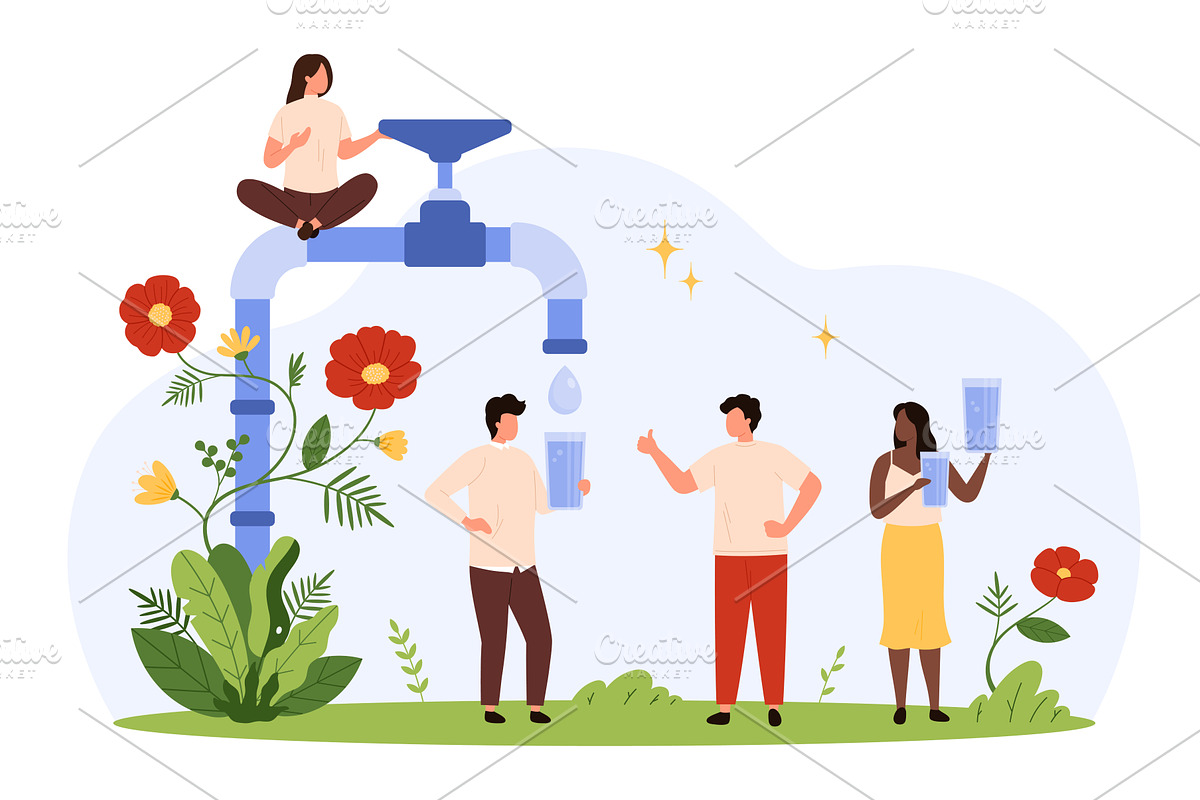 Drinking Water Near Giant Tap, a Person Illustration by Flashvector